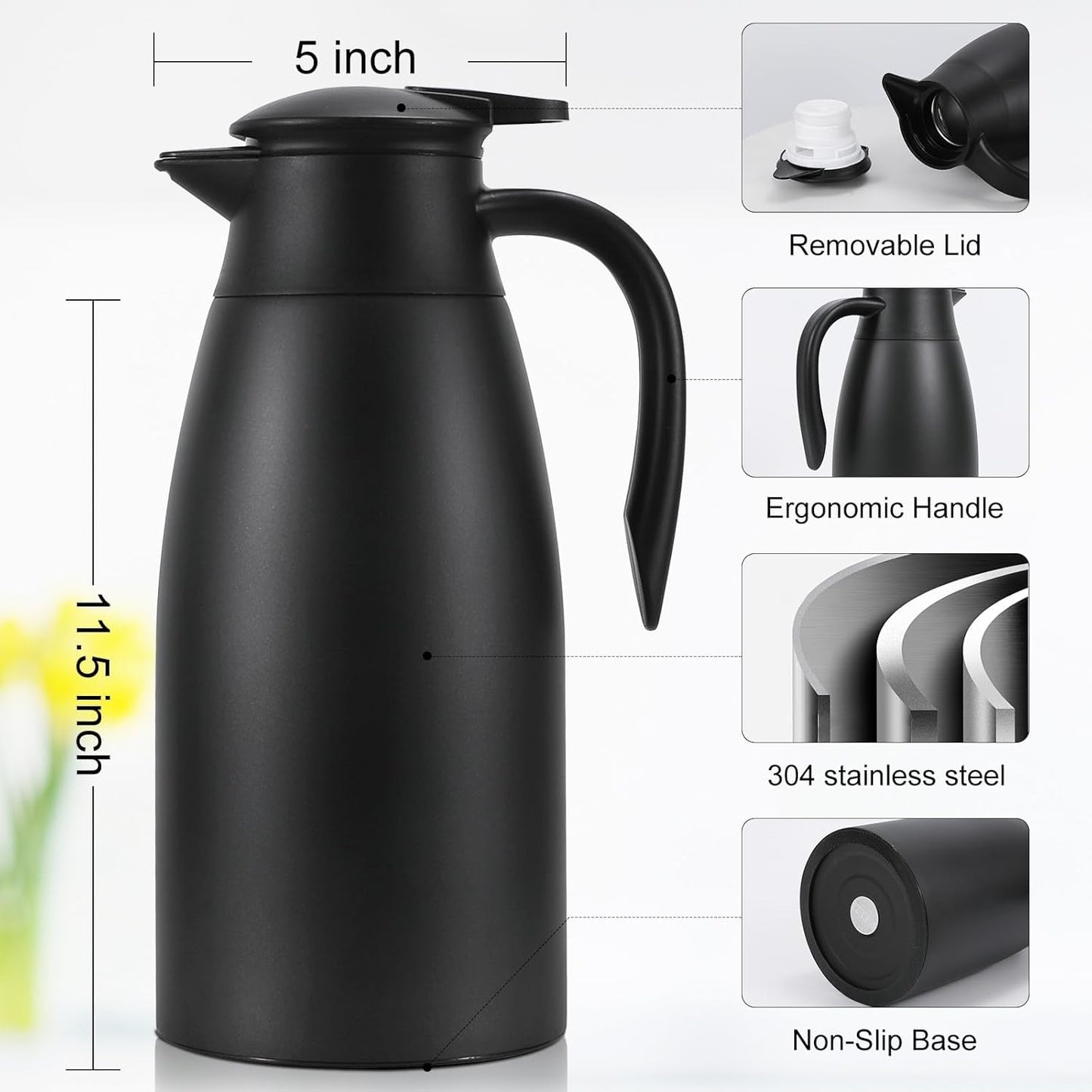70 oz Thermal Coffee Carafe, Updated 2 PCS Insulated Stainless Steel Coffee Carafes for Keeping Hot Coffee & Water Hot Beverage-12Hours, Double Walled Vacuum Coffee Carafe(Black+Red)