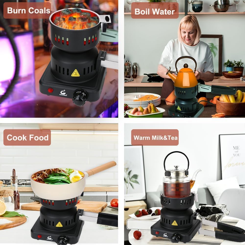 Coal Burner, Charcoal Starter Multipurpose Coal Burner Faster Electric Stove With Mini Pan,Detachable Handle,Stainless Steel Grill & Rack for Cubes