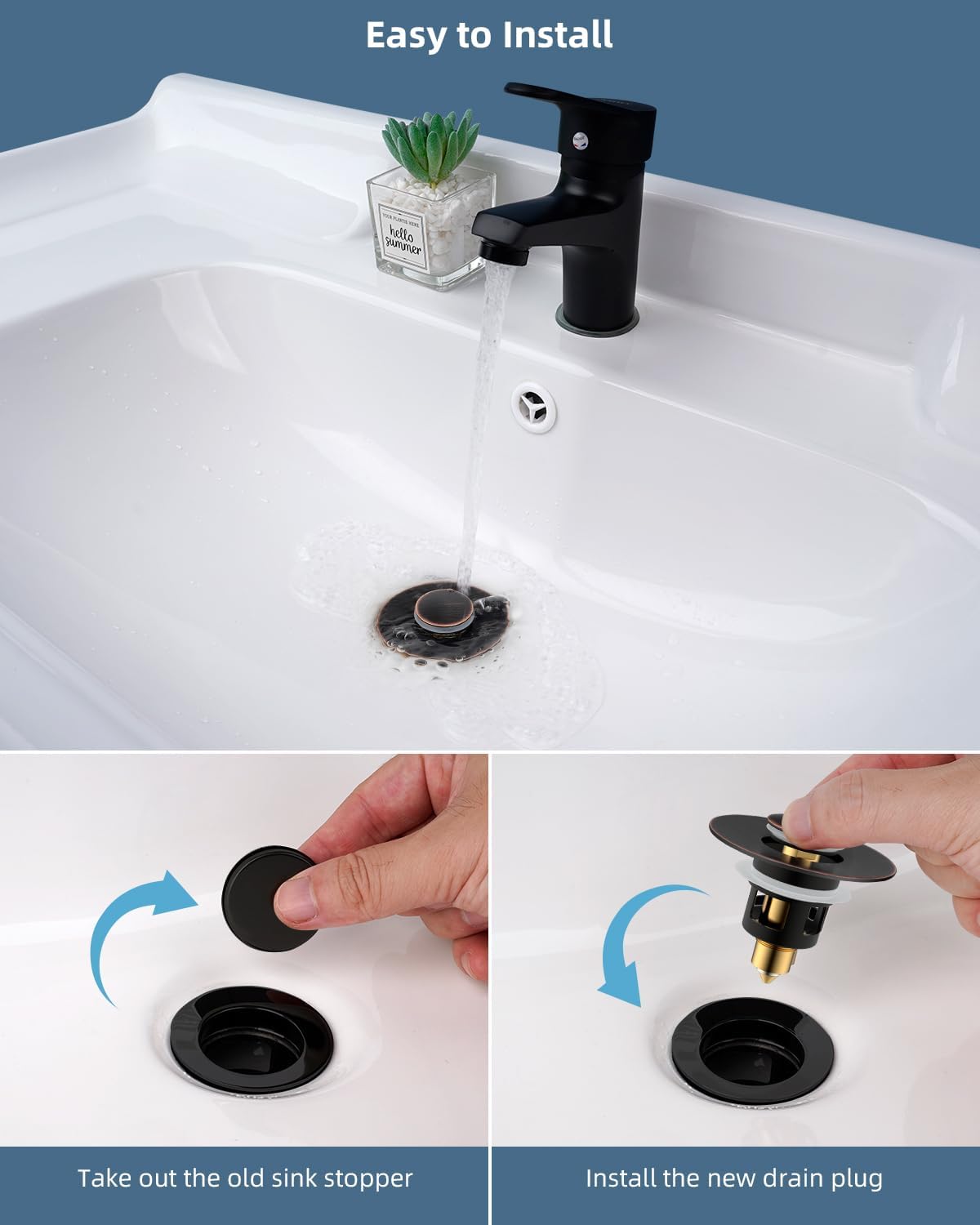 Hibbent All Metal Universal Bathroom Sink Stopper for 1.1''~2.3'' Basin, Pop Up Sink Drain Strainer, Brass Bullet Core Push Type Stopper, Stainless Steel Anti Clogging Drain Filter, Oil-Rubbed Bronze