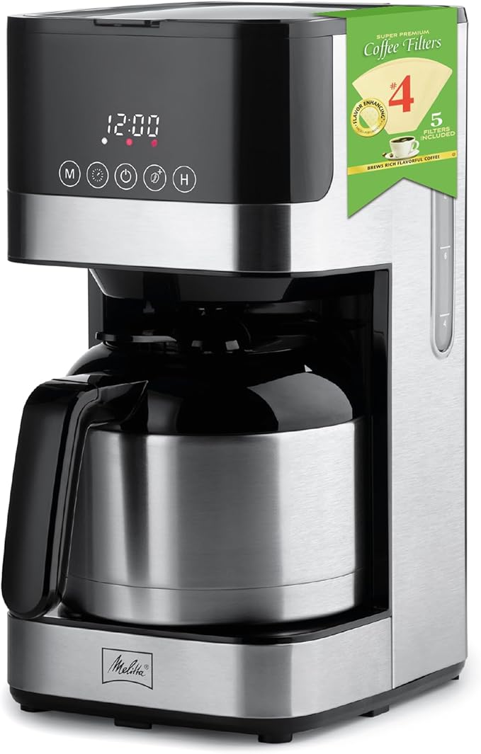 Melitta Aroma Tocco Thermal Drip Coffee Maker, 8-Cup, Programmable with Automatic Shut-Off, Pause & Serve, Stainless Steel Carafe with 5-Pack Coffee Filters