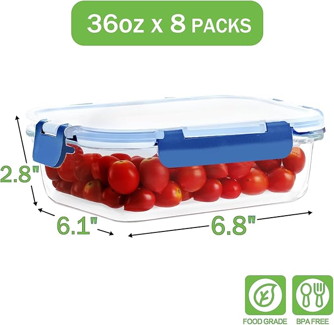 8 Pack 36oz Large Glass Meal Prep Containers with lids, Glass Food Storage Containers with Leak Proof Snap Lock Lids , Airtight Bento lunch Boxes, Kitchen Storage, Oven and Dishwasher Safe-Deep Blue