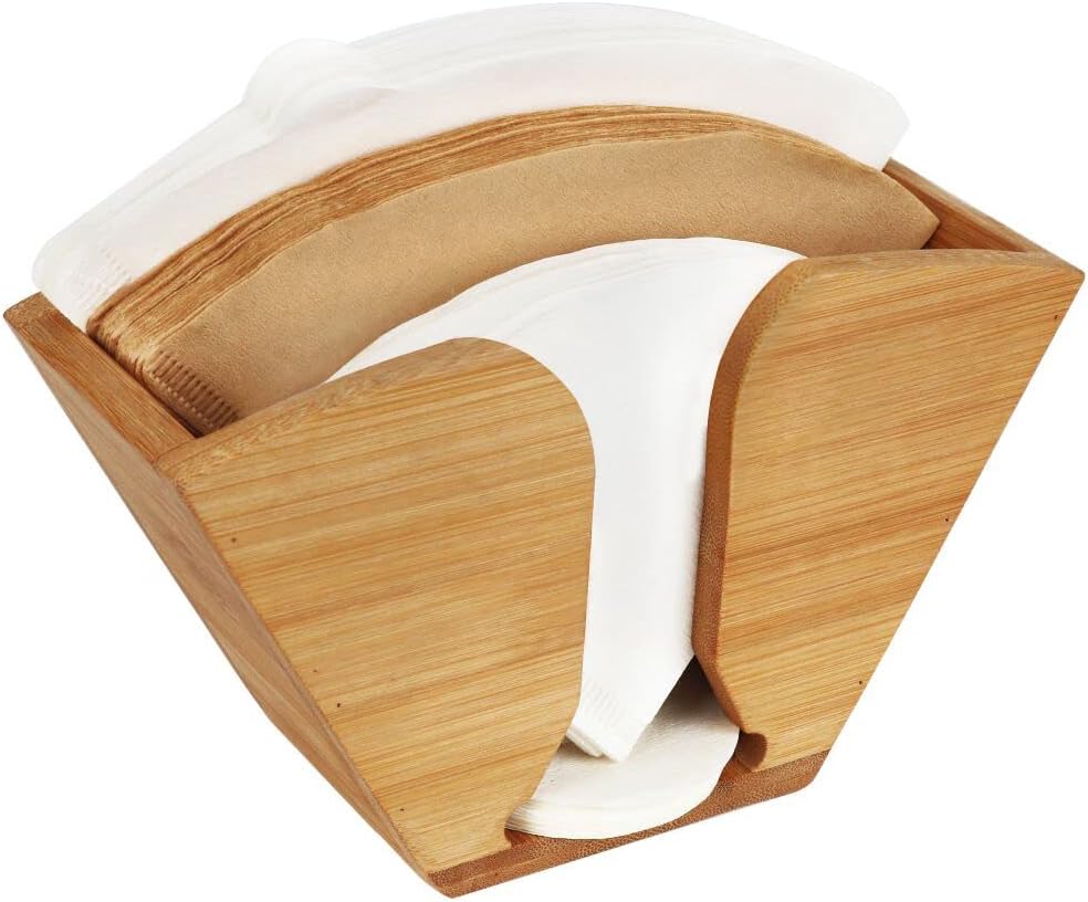 Unibene Bamboo Coffee Filter Holder, Coffee Paper Storage Container Dispenser Rack Shelf for Aeropress, Chemex, Hario V60 and Melitta Cone Filters