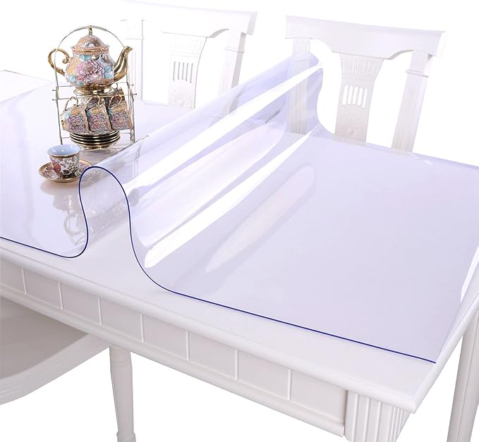 NECAUX Custom Multisize 1.5mm Thick Clear PVC Table Cover Protector - 60 x 60 Inch Water Resistant Square ECO Plastic Crystal Dining Room Table Cover Vinyl Non-Slip Desk Pad for Kid's Table