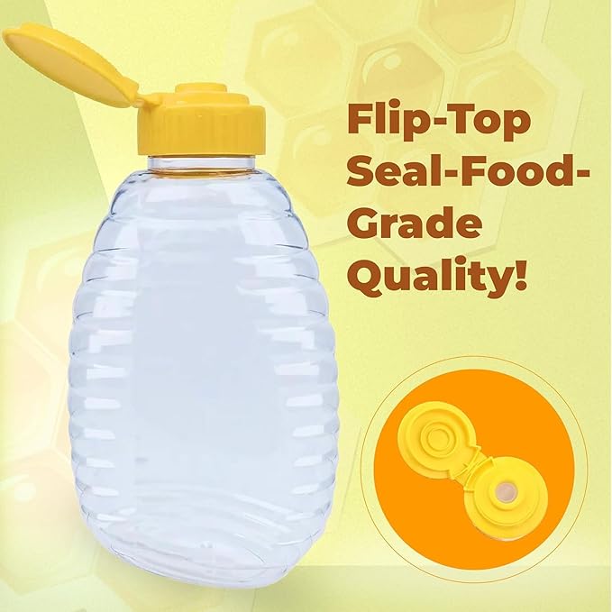Skywin TidyFriend Honey Bottles 24 oz – 10 Pack Empty Honey Squeeze Bottle with Flip Lid & Seal, Clear Plastic Beehive Design, PET Containers