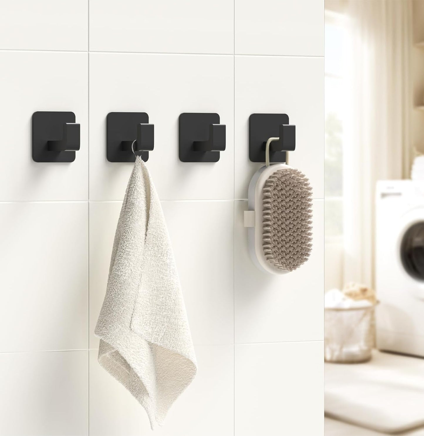 Square Self Adhesive Towel Hooks - 6 Pack Matte Black Metal Hooks, Right-Angle Design for Towels, Robes & Hats, Organize Bathroom, Kitchen, Entryway, Doors, Cabinets on Smooth Surfaces