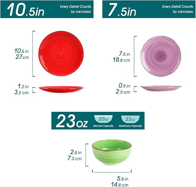 vancasso Bonita Dinnerware Set Muticolor Stoneware 12 Pieces Service for 4, Handpainted Spirals Pattern Stoneware Plates and Bowls Set
