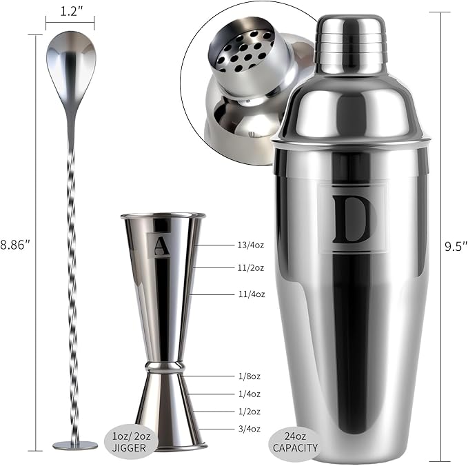 24oz Cocktail Shaker Set with Minimun 1/8oz Scale 1 oz 2oz Jigger - Monogramm Initials Martini Shaker Set - 304 Stainless Steel Bar Shaker - Personalized Gift for Friend,Husband-Blank