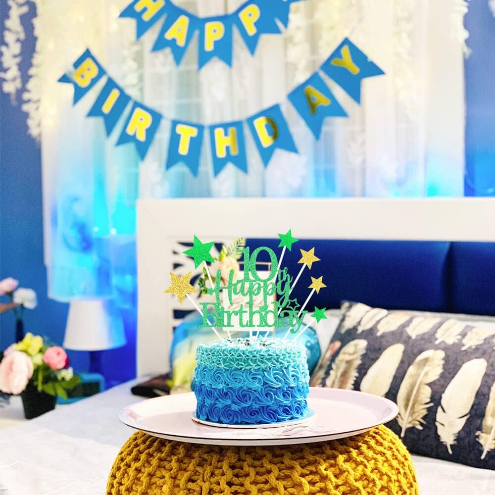 Glittery 10th Happy Birthday Cake Topper with Star,Personalised 10 Birthday Cake Toppers Party Decorations Party Supplies for Boys Girls Green Gold