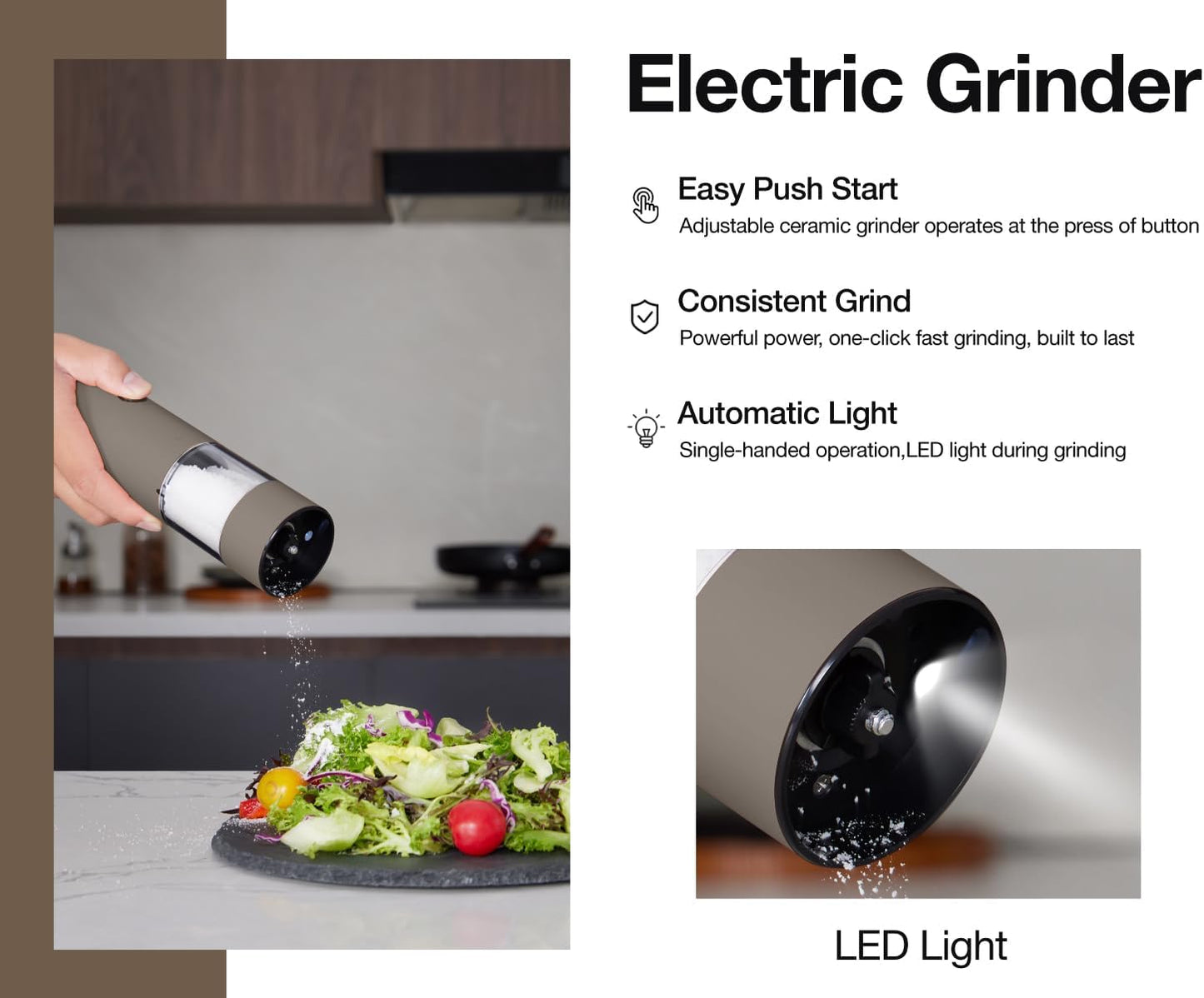 Stainless Steel Rechargeable Electric Salt and Pepper Grinder Set – USB Charging, One-Hand Electric Mill, Adjustable Coarseness, LED Light & Dust Cover – Brown + Cream