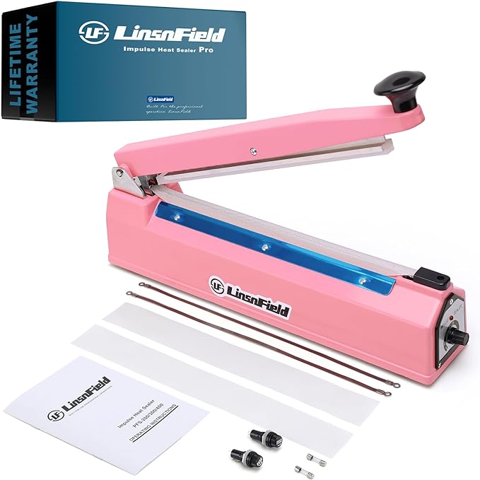Sealer Pro, Patented 8-inch Impulse Heat Sealer, 2-mm Sealing Width Super Heavy Duty Bag Sealing Machine with Extra 2 Replacements, 1Fuse Included, Pink