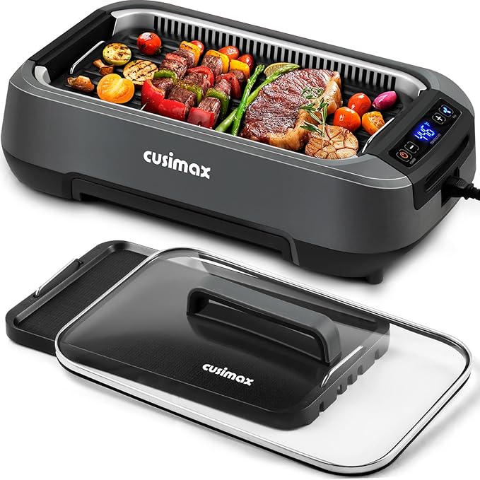 CUSIMAX Smokeless Grill, Electric Indoor Grill, 1500W Korean BBQ Grill with Non-stick Removable Grill/Griddle Plate, LED Smart Display & Tempered Glass Lid, Grey