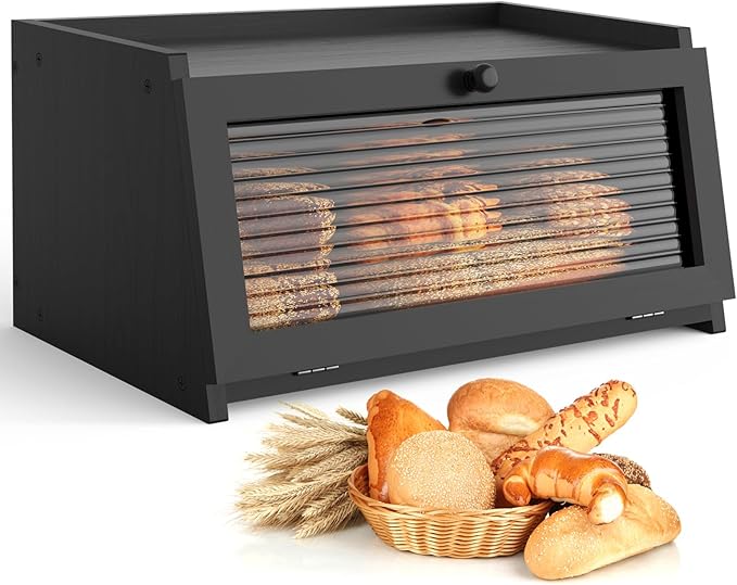 LOHASOK Bread Box for Kitchen Countertop Large Bread Box Farmhouse Bread Container Bread Storage with Window Bread Holder Black