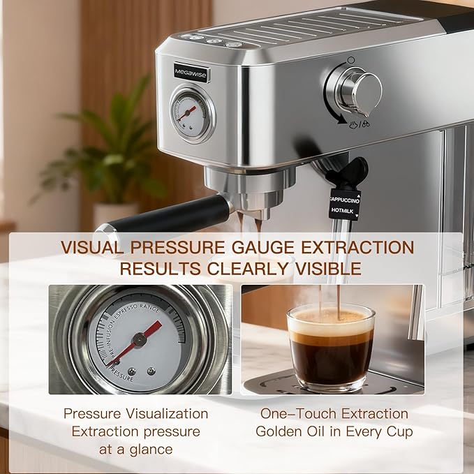 MEGAWISE Espresso Machine 20 Bar, Compact Stainless Steel Coffee Maker with Steam Milk Frother & Removable Tank for Cappuccino, Latte - Silver