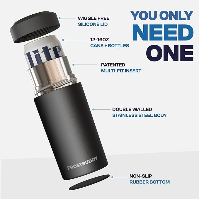 Frost Buddy Universal Can Cooler - Fits all - Stainless Steel Can Cooler for 12 oz & 16 oz Regular or Slim Cans & Bottles - Stainless Steel (Buttercream)