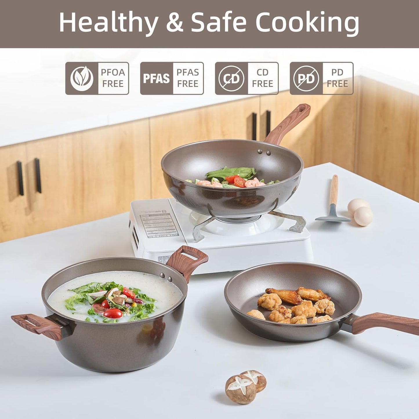 12Pcs Pots and Pans Set, Nonstick Cookware Sets, Non Stick Pots and Pan Set with Frying Pans, Saucepans, Steamer Silicone Shovel Spoon