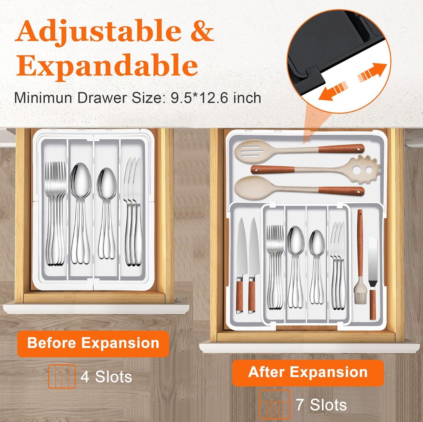 Adjustable Kitchen Utensil Organizer Plastic Silverware Drawer Organizer, Expandable Cutlery Drawer Organizer BPA Free Flatware Tray for Spoons Forks Knives Organizers Divider, White