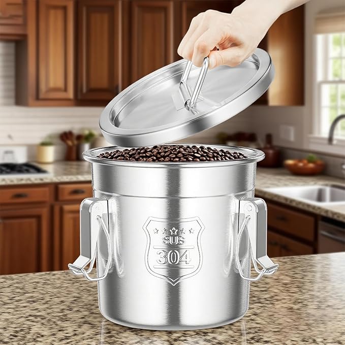 304 Stainless Steel Airtight Canister, 1.6Gal /203oz/6L Airtight Food Storage Container with Lid Lock Clips, Flour Container Metal Bucket Food Storage Container for Rice, Flour, Grain, Coffee Bean