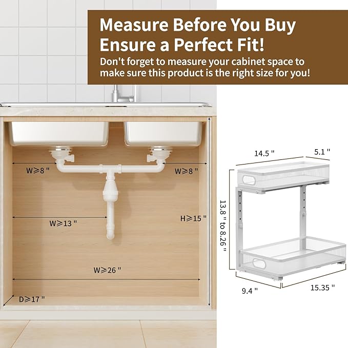 Under Sink Organizer 1 Pack, 2-Tier Slide Out Cabinet Organizer with Metal Sliding Drawer and Hooks, Pull Out Storage Baskets for Kitchen Bathroom Pantry Cabinet Organization (White (1 pack))