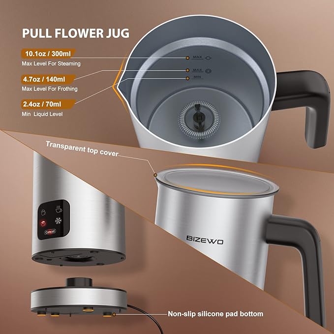 BIZEWO Milk Frother Electric, Warm and Cold Milk Steamer, 4 IN 1 Automatic Milk Warmer Stainless Steel with Touch Screen for Coffee, Latte, Macchiato, Cappuccino, Hot Chocolate
