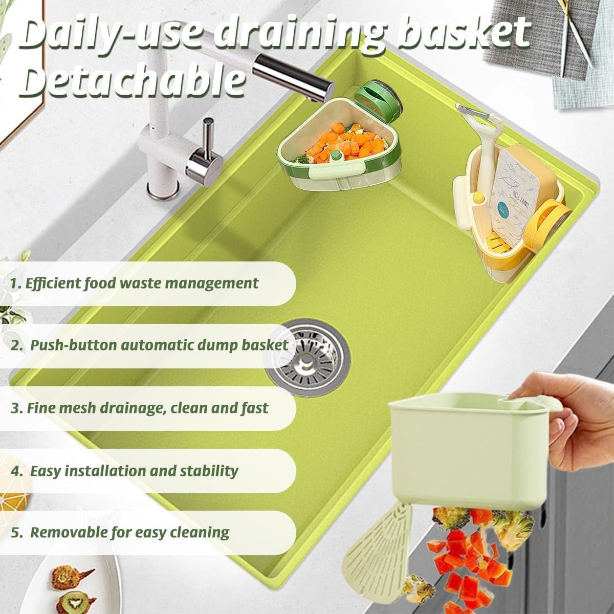 Suction Cup Sink Corner Rack, Triangular Sinks Basket Shelf with Suction Cup Sucker, Plastic Sink Storage Rack Holder, Trash Catcher, Corner Hanging, for Kitchen Bathroom Dishware(Yellow)