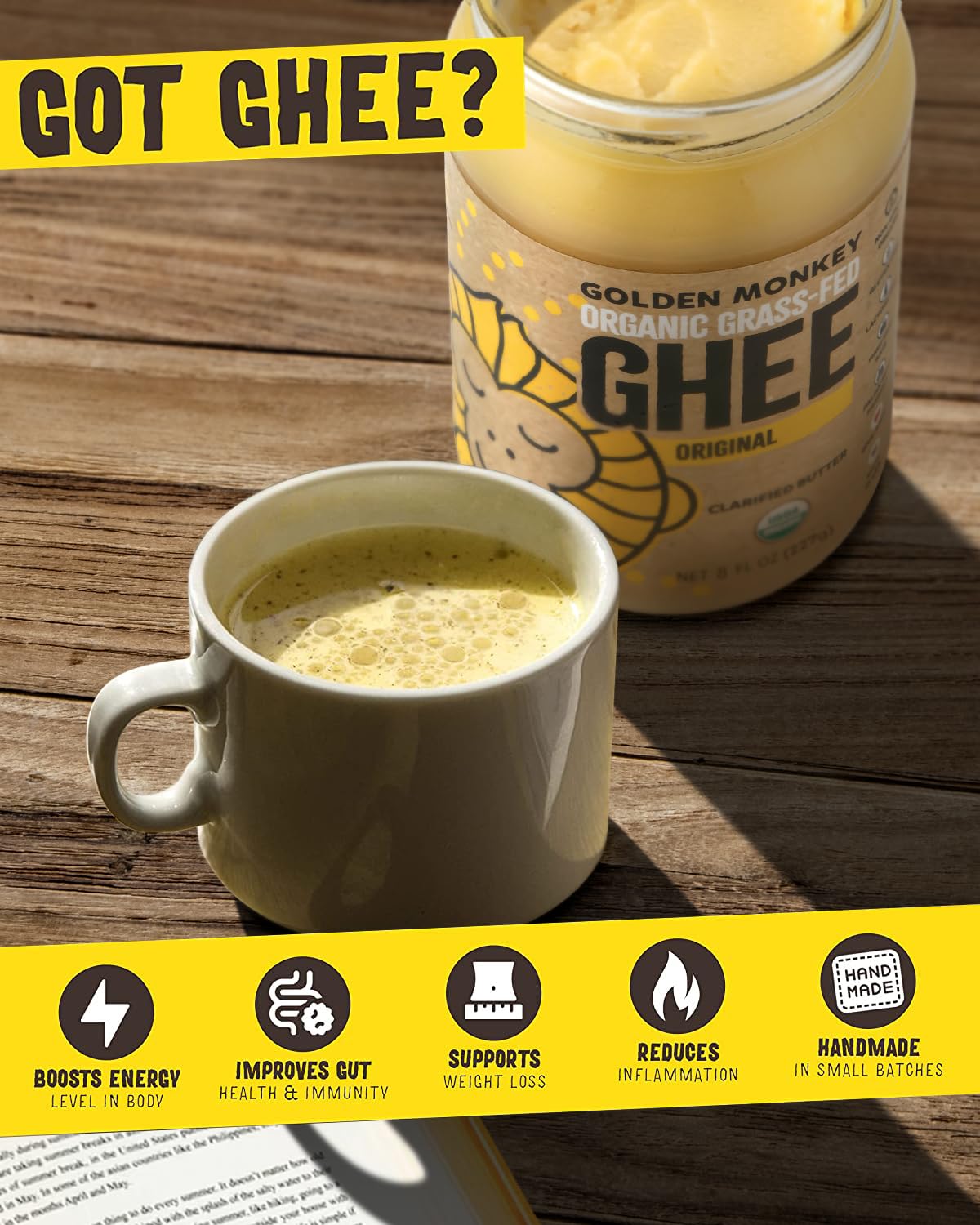 GOLDEN MONKEY Organic Ghee Butter – Grass Fed Clarified Butter for Cooking, Baking, Keto & Gut Health – Ghee Butter Organic Grass Fed from Small Farms – Smooth Spread with High Smoke Point (8oz)