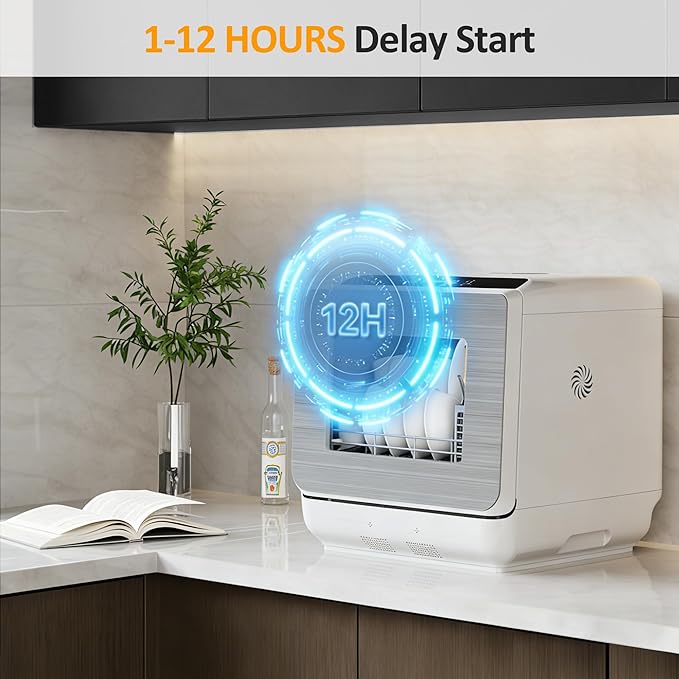 Sunvivi Portable Dishwasher with 152OZ Water Tank, 18" Countertop Dishwasher Machine fits up to 12" plates, Energy Star, 6 Preset Mode, 12H Delay Start, Small Dish Washer for Dorm RV&Apartment, White