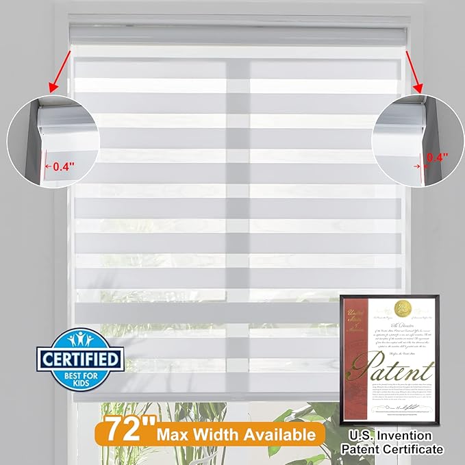 Persilux Cordless Zebra Blinds for Windows (33" W X72 H, White) Free-Stop Roller Windows Shades Dual Layer Light Control for Day and Night, Light Filtering Sheer Shades for Home, Easy to Install