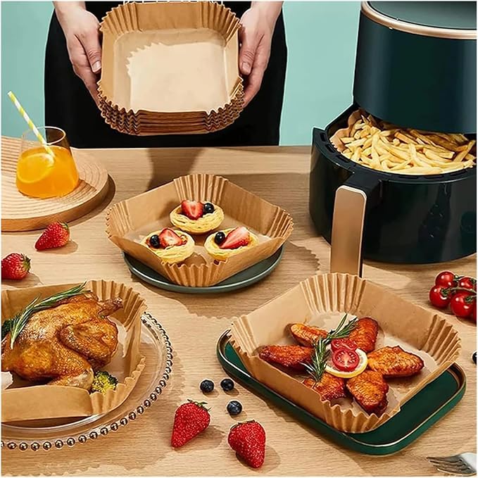 Large Air Fryer Disposable Paper Liners Nonstick 23cm Oven Airfryer Parchment Baking Paper ，Compatible For Ninja，Compatible For COSORI ，Grill Cooking Basket(23cm square,50PC)
