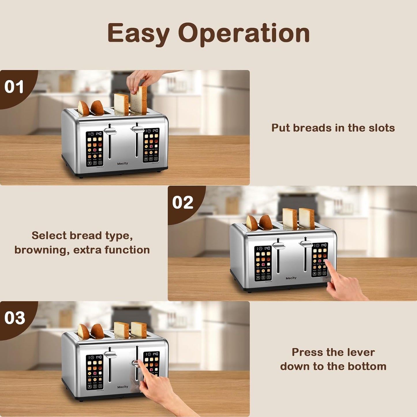 Mecity 4 Slice Toaster with Touch Screen Control, 4 Wide Slots, Stainless Steel Smart Bread Toaster for Bagels, Muffins, Waffles, Dual Control Panel, Timer, Defrost, Reheat, 120V 1650W
