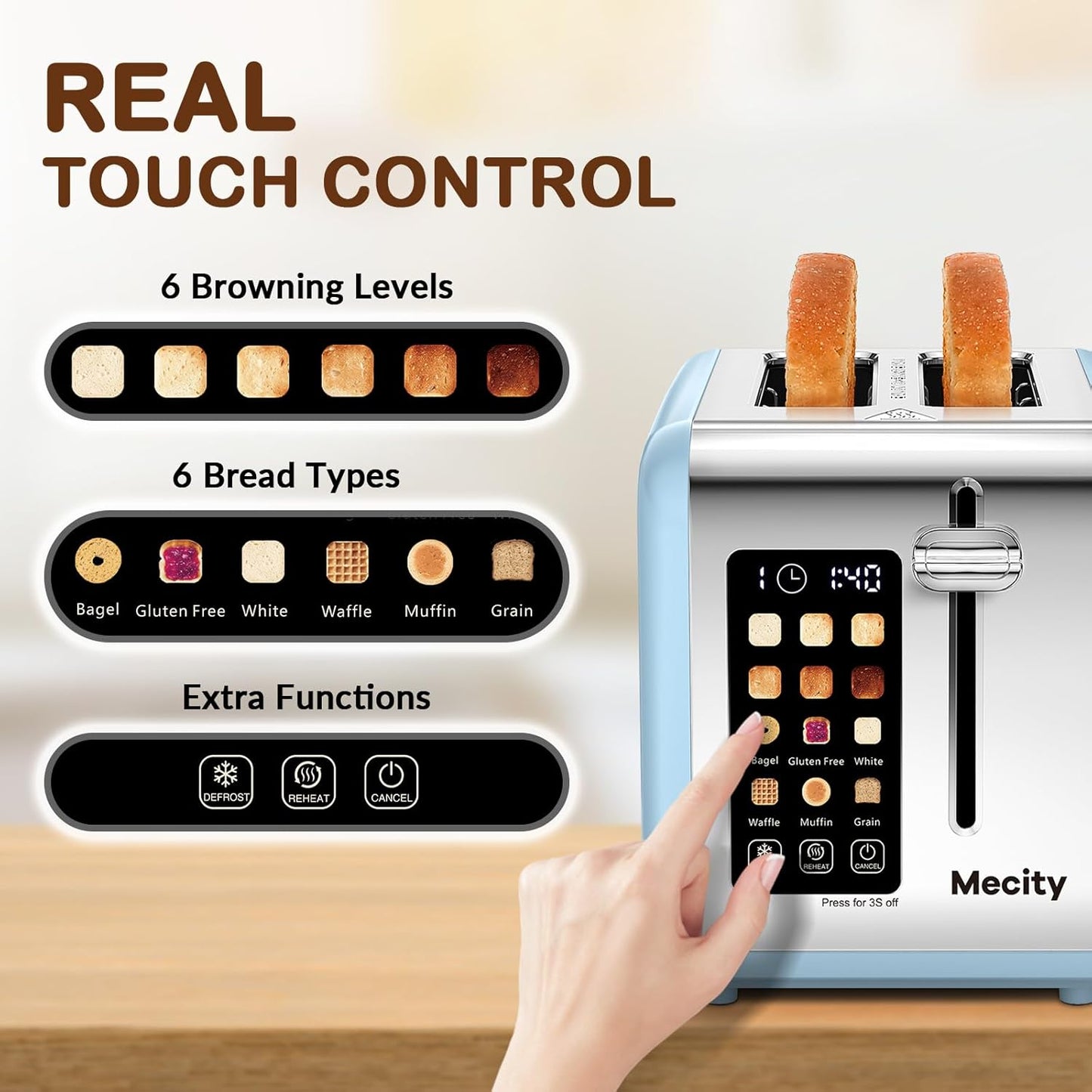 Mecity 2 Slice Touch Screen Toaster, 1.5" Wide Slot, Stainless Steel Smart Toaster for Bagels, Muffins, Waffles, Gluten-Free Breads, Defrost, Reheat, Timer, 120V 825W, Ice Blue