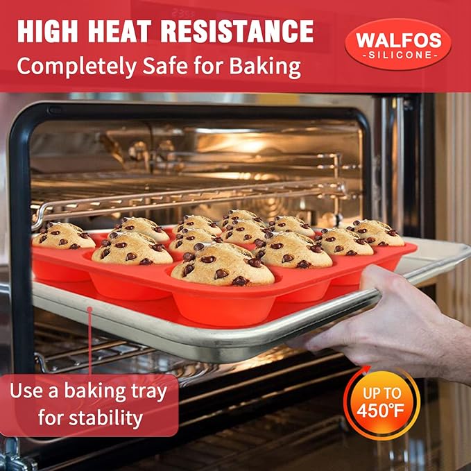 Walfos Silicone Muffin Pan - Cupcake Pans Set of 3, Including 24 Cups Mini Muffin Pans, 12 Cups Regular & 6 Cups Jumbo Muffin Pan, Pop Out Easily - BPA Free & Dishwasher Safe