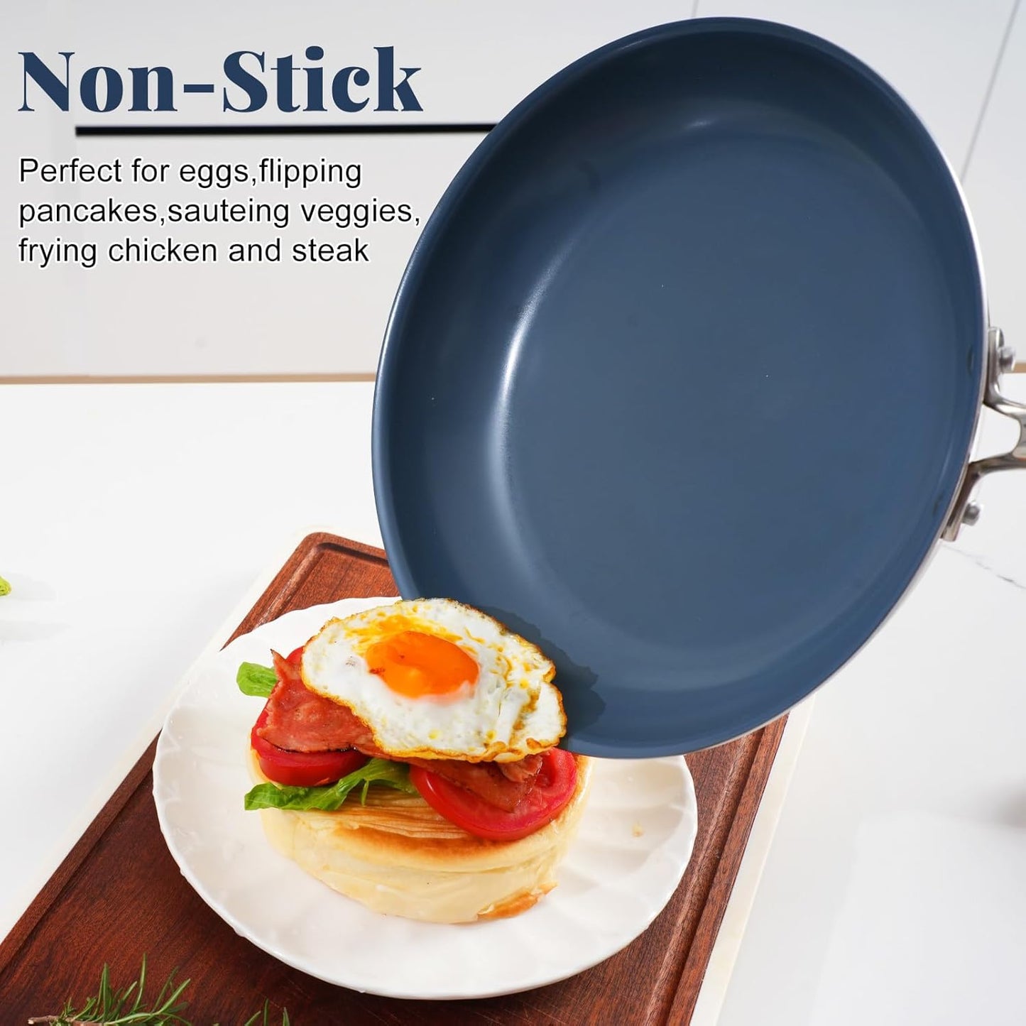 Stainless Steel Non Stick Frying Pan,10 Inch Healthy Non Toxic Ceramic Coating Cookware with Lid,Works on Induction, Electric Stove and Gas Cooktops,PTFE PFAS PFOA Free Skillet,Dishwasher&Oven Safe
