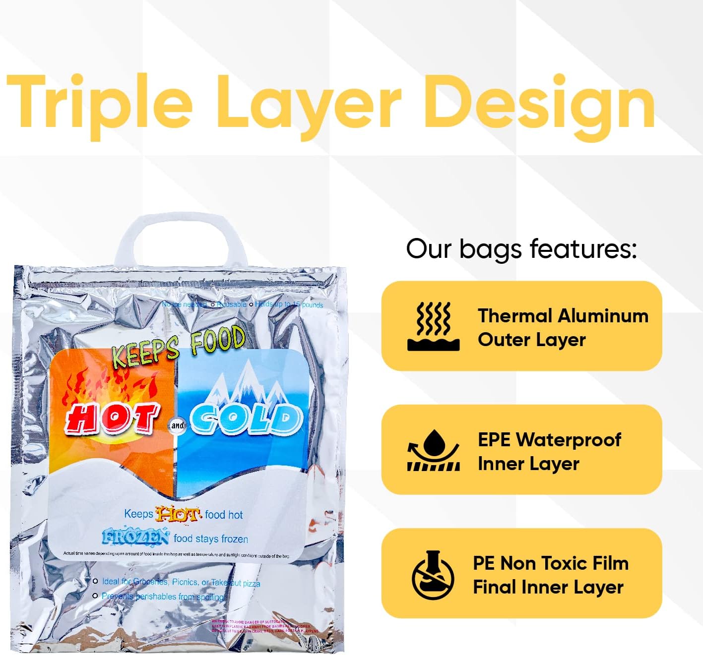 Superio Hot and Cold Insulated Bags for Food Delivery, Grocery Shopping Bags, Food Storage for Hot and Frozen Food for Travel, Disposable Cooler Bag, Reinforced Thermal Lunch Bag (10, 15.5"x13")
