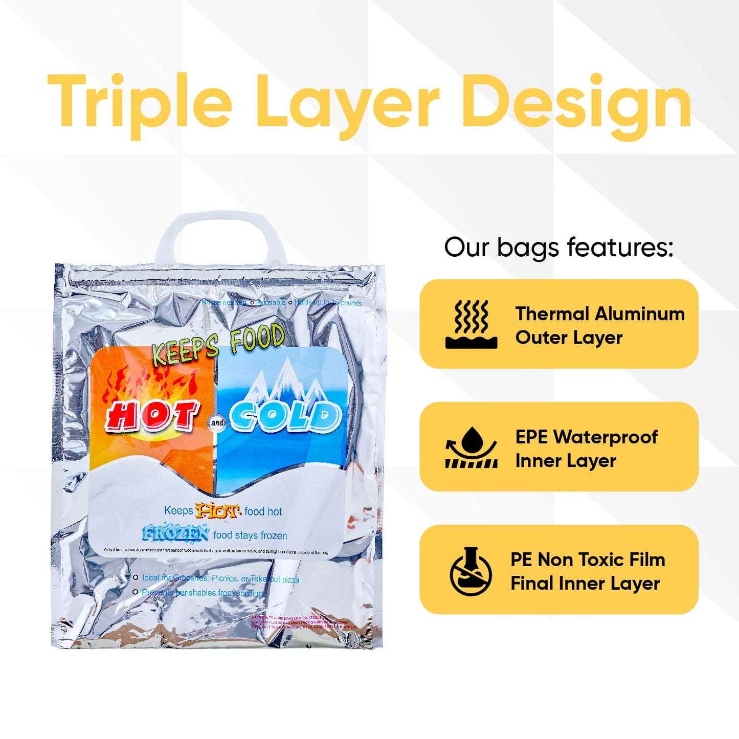 Superio Hot and Cold Insulated Bags for Food Delivery, Grocery Shopping Bags, Food Storage for Hot and Frozen Food for Travel, Disposable Cooler Bag, Reinforced Thermal Lunch Bag (6, 20" x 19")