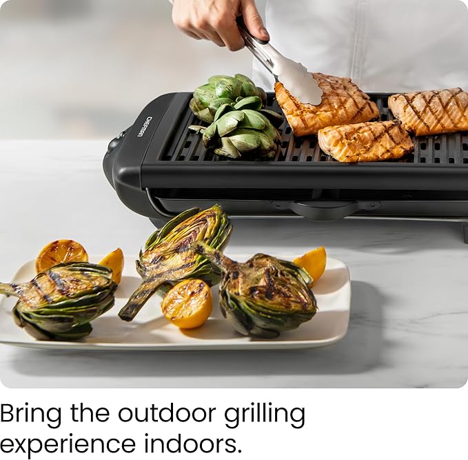 Chefman Electric Smokeless Indoor Grill w/ Non-Stick Cooking Surface & Adjustable Temperature Knob from Warm to Sear for Customized BBQing, Dishwasher Safe Removable Water Tray, Black