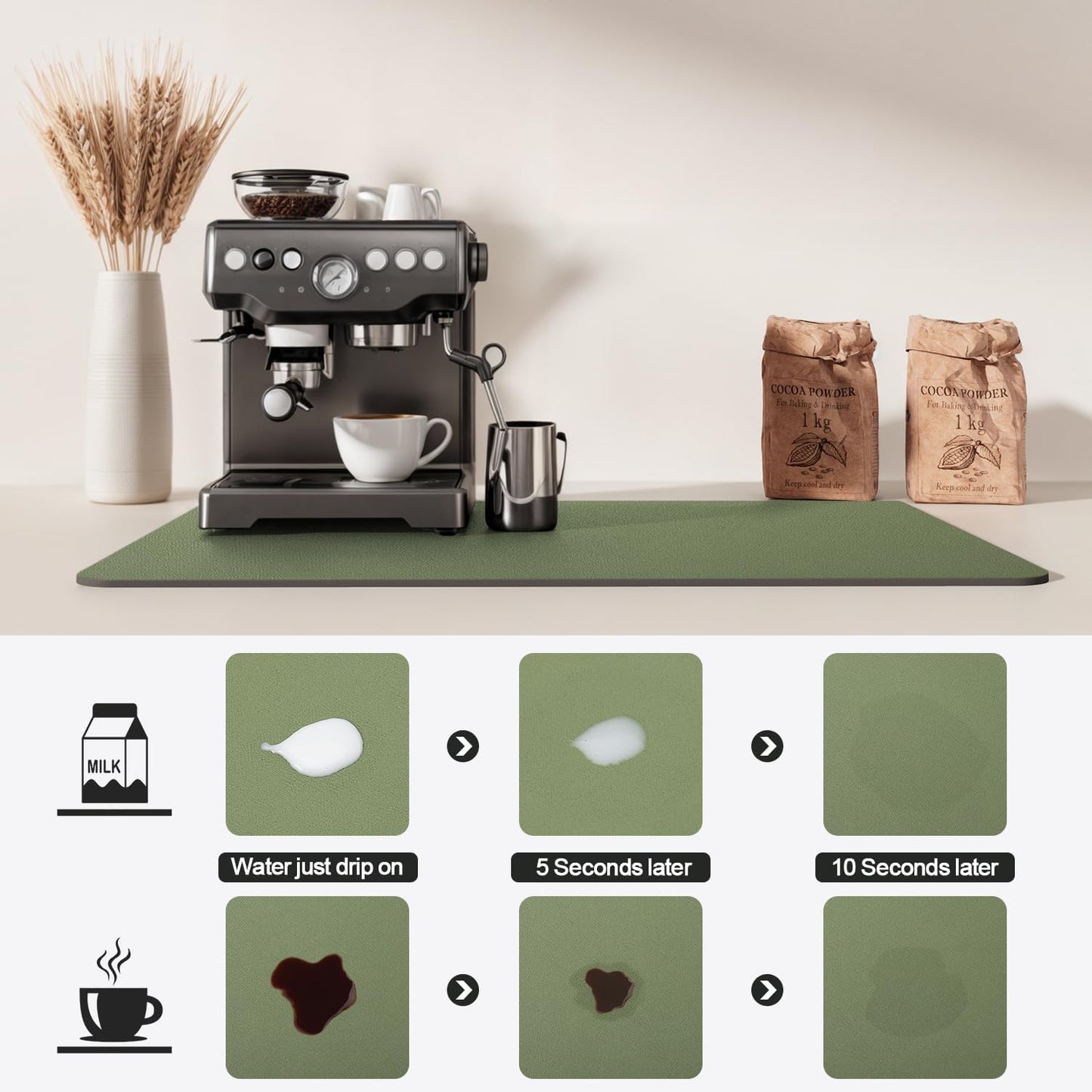 Dish Drying Mat for Kitchen Counter | Coffee Bar Mat for Countertops | Heat Resistant Drainer Mat with Non-slip Rubber Backed | Hide Stain Kitchen Absorbent Draining Mat | Green 16"x20"