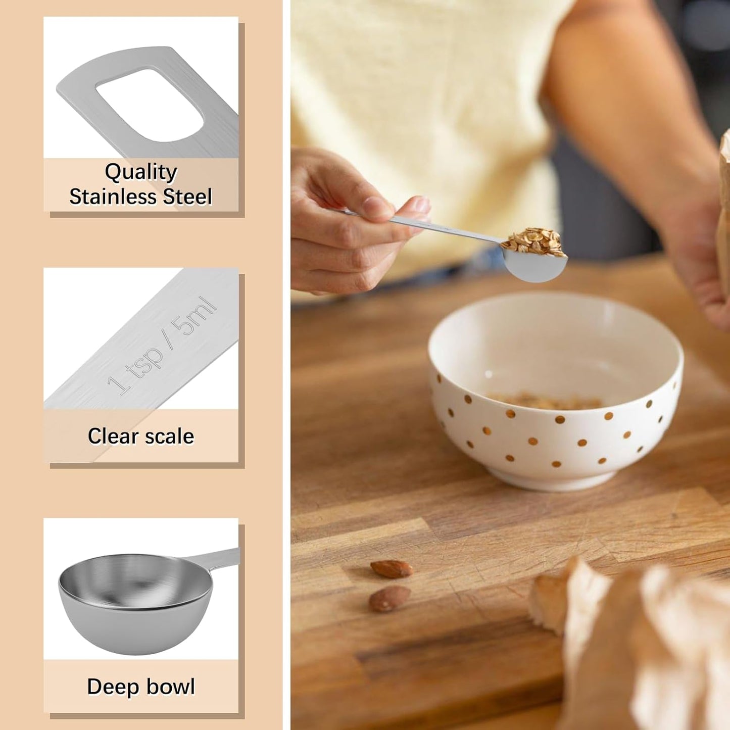 5PCS 1tsp (1/3tbsp, 5ml) Single Measuring Spoon, Stainless Steel Individual Teaspoons Only