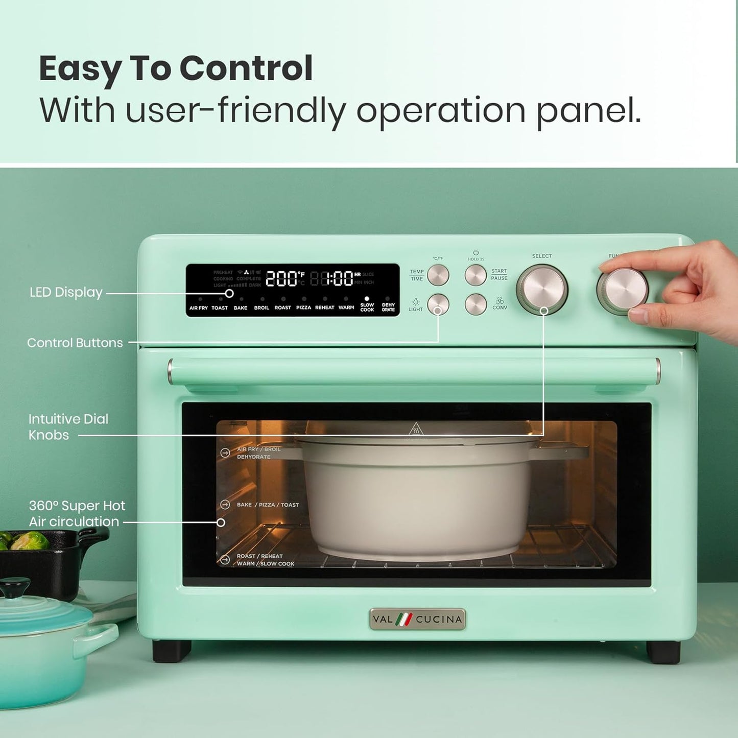 Retro Style Infrared Heating Air Fryer Toaster Oven, Extra Large Countertop Convection Oven 10-in-1 Combo, 6-Slice Toast, Enamel Baking Pan Easy Clean with Recipe Book, Green Color
