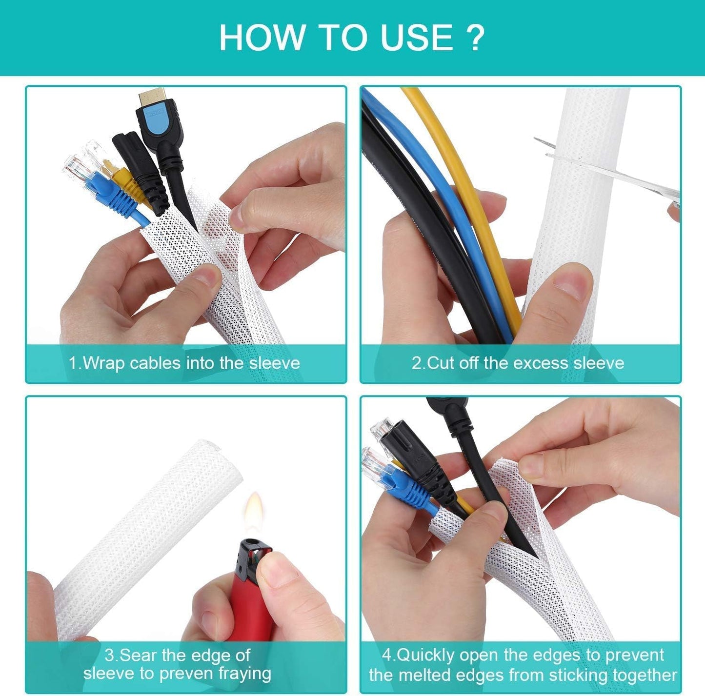 2 Pack 5ft - 1 inch White Cable Sleeve, Cable Organizer for Desk PC TV Computer, Wire Protector Cable Wrap Cover, Cord Management for Home Office