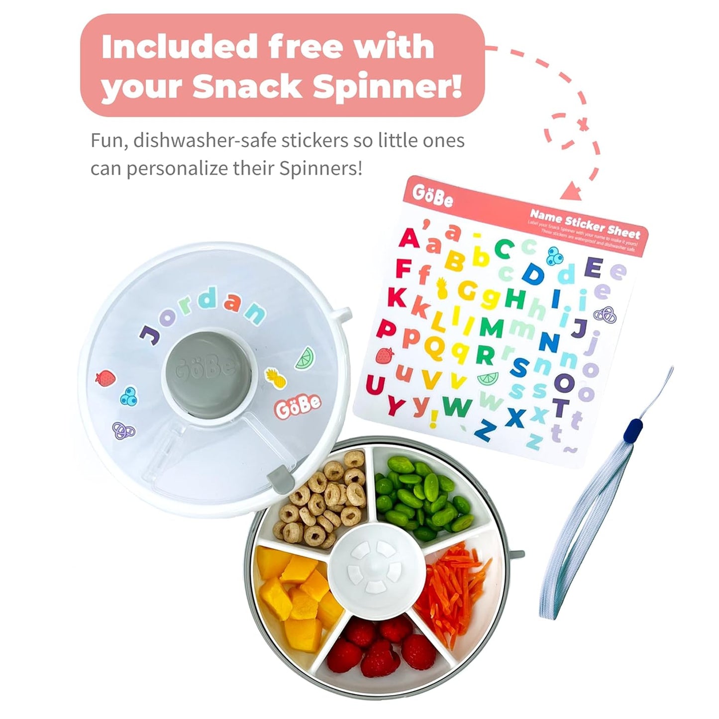 GoBe Kids Small Snack Spinner Flip Bundle with Hand Strap and Sticker Sheet - Reusable Snack Container with 5 Compartment Dispenser and Lid | BPA/PVC Free | Dishwasher Safe | No Spill- GoBe Grey