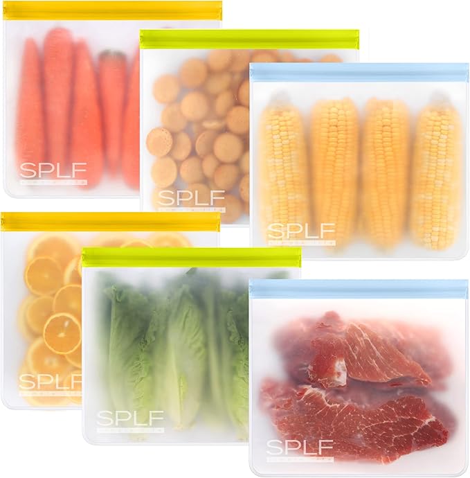 SPLF 6 Pack Reusable Gallon Freezer Bags Dishwasher Safe, BPA Free 1 gallon Leakproof Silicone and Plastic Free Food Storage Bags for Meal Prep, Fruits, Sandwich, Snack, Travel Items - Muticolor