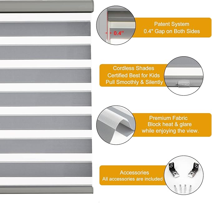 Persilux Cordless Zebra Blinds for Windows Free-Stop Roller Shades (71" W X 72" H, Grey) Dual Layer Light Cintrol for Day and Night, Light Filtering Sheer Shades for Home, Easy to Install