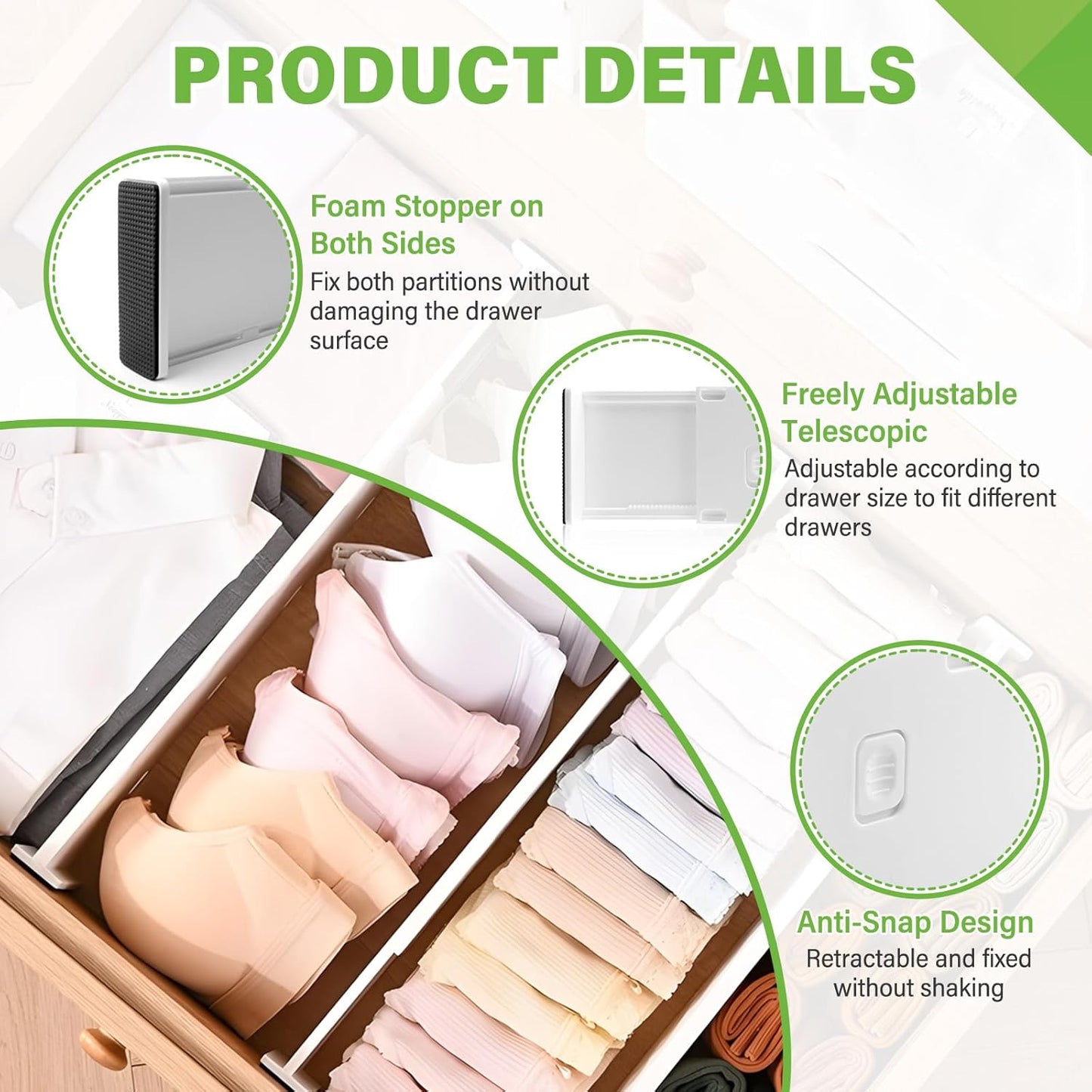5 Pack Drawer Dividers 3.7" High Slim Organizers Expandable 14.8-25.6" Adjustable Separators for Shallow Drawers Kitchen Utensils Baby Clothes Underwear Storage-White(Long)