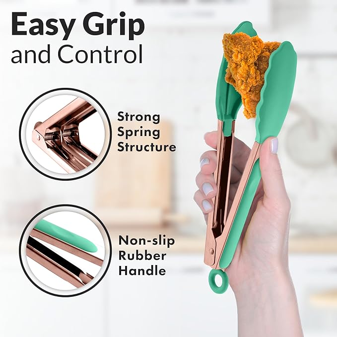 Zulay Stainless Steel Kitchen Tongs with Silicone Tips - Set of 2 (9” & 12”) Locking Cooking Tongs with Non-Slip Grip - Heat Resistant, BBQ Food Tongs for Non-Stick Cooking Pans (Rose Gold/Mint)