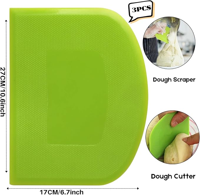 SURDOCA Dough Scraper Bench Scraper - 3P 10.6x6.7" Plastic Flexible Bowl Scraper, Sharp Edge & Angles Cake Scraper. Non-Slip Bakeware Decorating Tools Sculpting & Modeling Tools - Pure Green