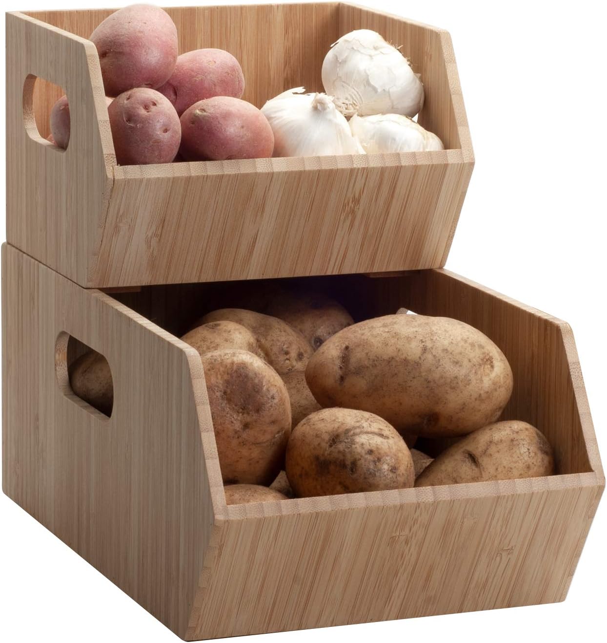 MobileVision Bamboo Storage Bins for Pantry & Kitchen Cabinet Organizer Multi-Purpose 2 PC Stackable Set for Canned Goods, Vegetables, Pouches, Boxed Meals & more