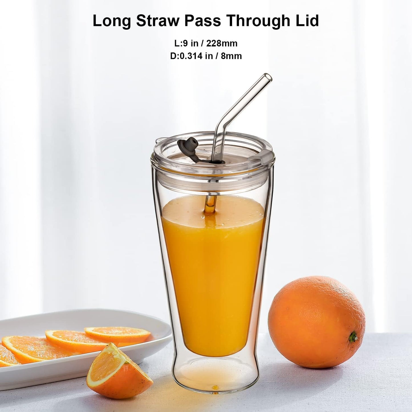 Borosilicate Glass Straws for 16 oz Tumbler, 9 inch 8mm BPA Free, Reusable Drinking Straws Clear Bent Skinny for Iced Coffee and Hot Drinks