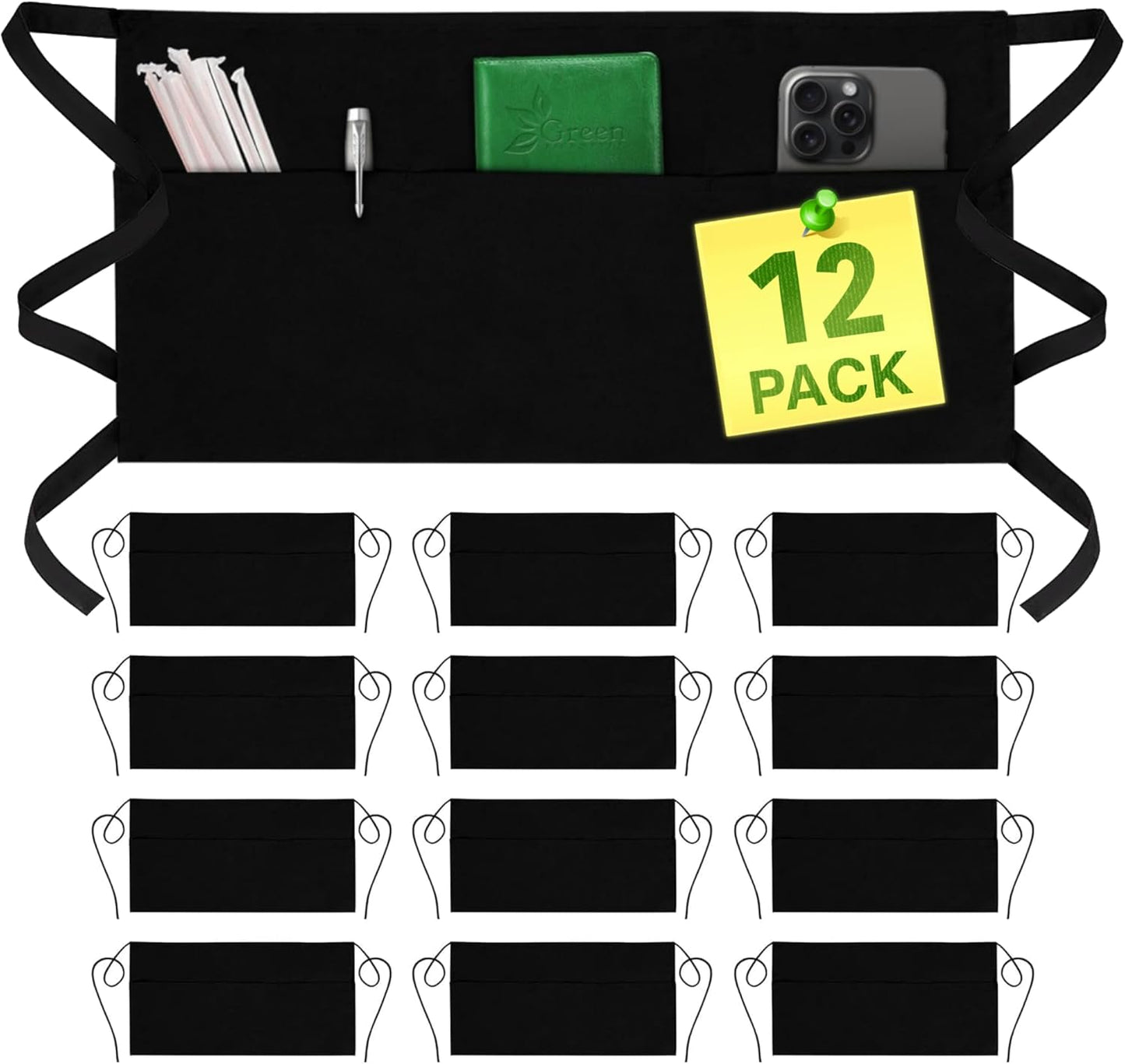 GREEN LIFESTYLE Server Aprons with 3 Pockets - Waist Apron, Waitress Apron for Women and Man, Water Resistant with Long Waist Strap Reinforced Seams, Half Apron (12 Pack - Black)