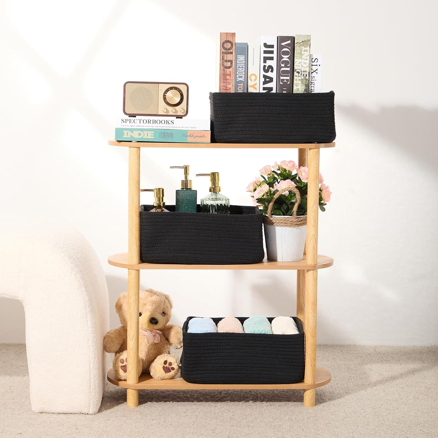 Small Storage Baskets for Organizing | Closet Organizer Bins | Shelf Toy Basket | Woven Rope Baskets | Cube Decorative Box | Shallow Basket | 13x8.5x5.1” | 4 Packs Black