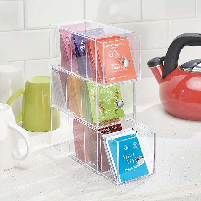mDesign Plastic Kitchen Pantry, Cabinet, Countertop Organizer Storage Station with 3 Drawers for Coffee, Tea, Sugar Packets, Sweeteners, Creamers, Drink Pods, Packets - 3 Sections - Clear